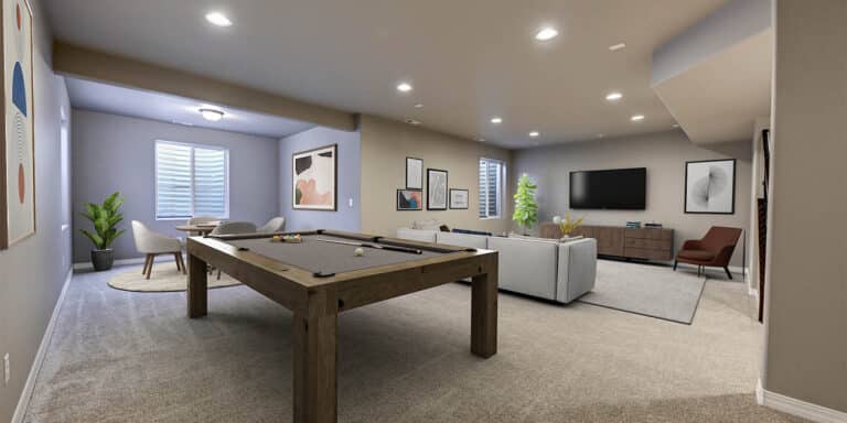 Hemingway Plan - Virtually staged rec room in finished basement